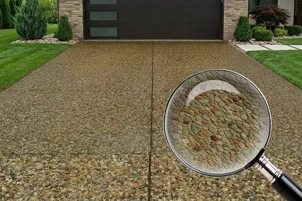 Step 1 graphic of HurriClean's Exposed Aggregate Cleaning & Sealing Process: a dirty, dull, and faded driveway with a superimposed magnifying class representing initial inspection.