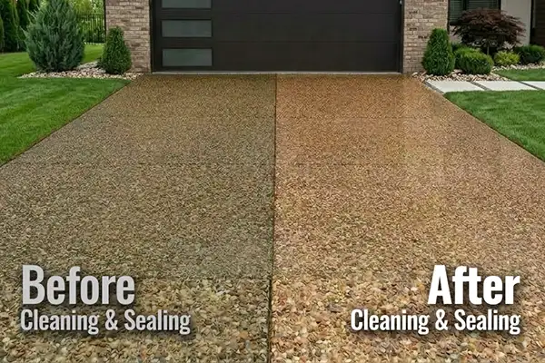 Split image showing a dull, dirty exposed aggregate driveway on the left, and the rich, vibrant cleaned and sealed results on the right.