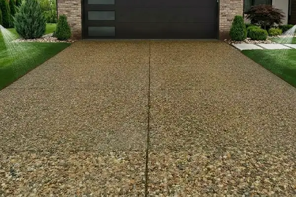 Step 2 graphic of HurriClean's Exposed Aggregate Cleaning & Sealing Process: overspray shields are placed over adjacent lawn, landscaping, and home exterior surfaces to protect surroundings.