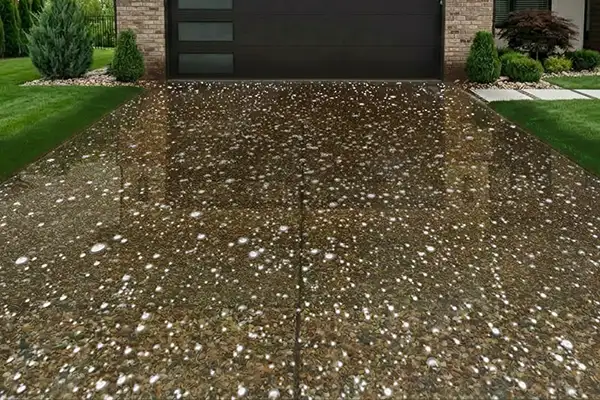 Step 3 graphic of HurriClean's Exposed Aggregate Cleaning & Sealing Process: a pre-treatment cleaning solution is applied to the exposed aggregate driveway surface.