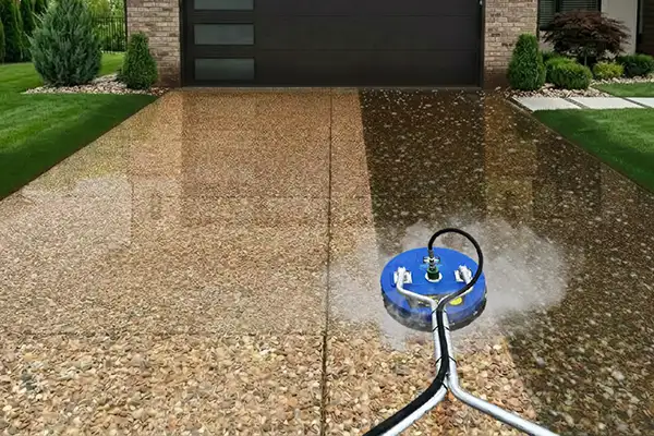 Step 4 graphic of HurriClean's Exposed Aggregate Cleaning & Sealing Process: a partialy cleaned exposed agggreate driveway being steam cleaned with a hot-water rotary surface cleaner.