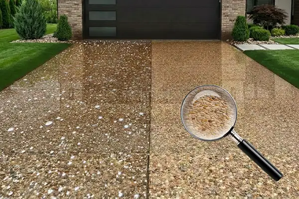 Step 5 graphic of HurriClean's Exposed Aggregate Cleaning & Sealing Process: the aggregate driveway is half coverd in white, foamy post-treatment cleaning solution while the other half is inspected and rinsed.