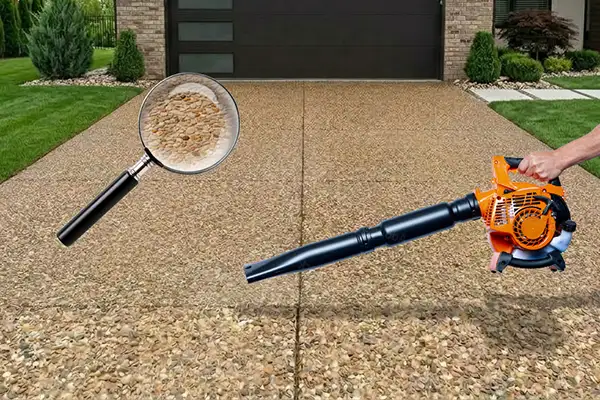 Step 7 graphic of HurriClean's Exposed Aggregate Cleaning & Sealing Process: the cleaned, dried aggregate driveway being inspected once more and any remaining dirt and dust blown off.