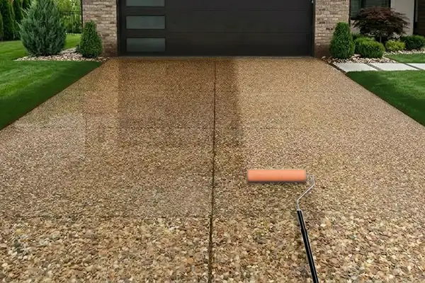 Step 8 graphic of HurriClean's Exposed Aggregate Cleaning & Sealing Process: the 30% solids Acrylic Concrete Sealer is rolled on to the exposed aggregate to ensure complete and even sealer coverage of the textured surface.
