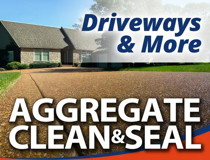 Low angle view of a sealed aggregate driveway leading to a 1-story residential home in Louisville area. Text overlay reads: Aggregate Clean & Seal | Driveways & More